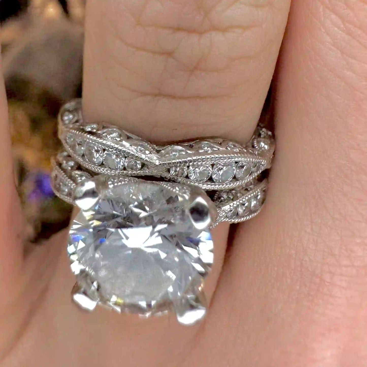 Certified 4.8 CTW RoyalT Platinum Tacori and Wedding Band Set with 3.0ct G VS1 Hearts and Arrows Diamond - Hand-Me-Diamonds