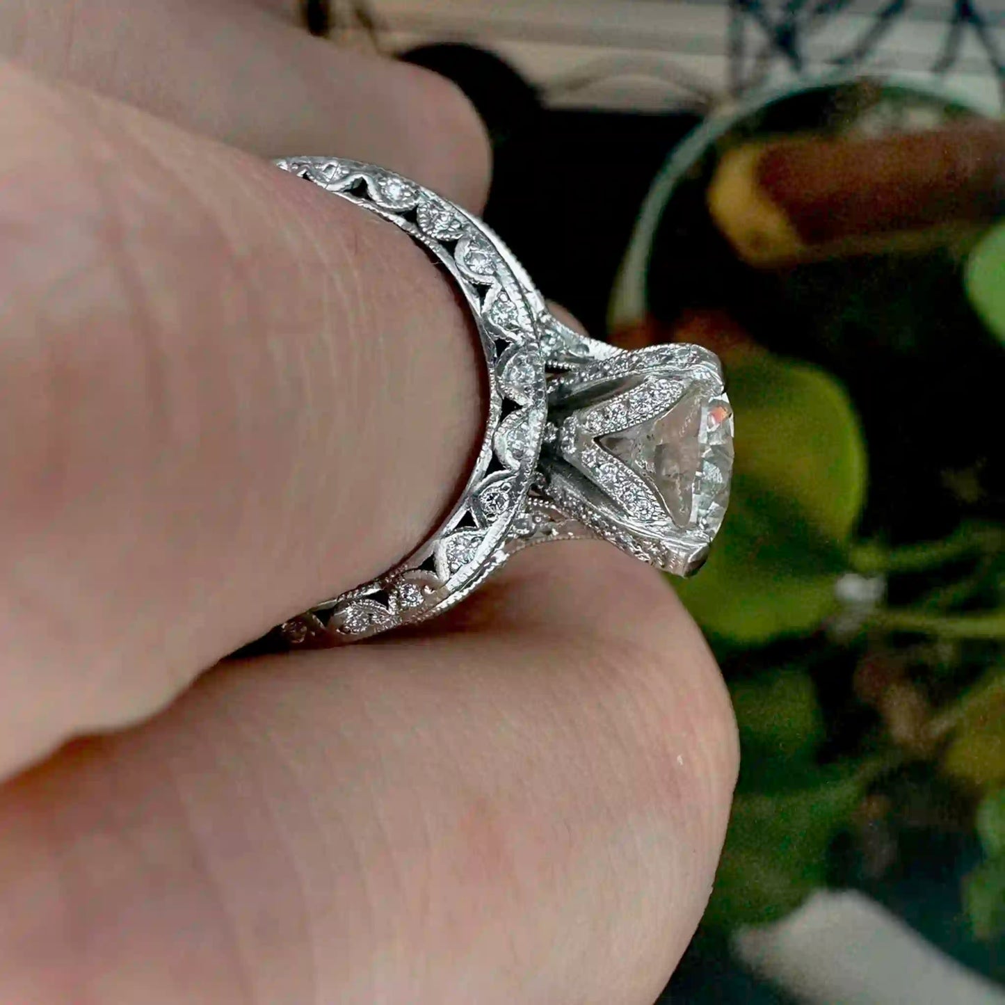 Certified 4.8 CTW RoyalT Platinum Tacori and Wedding Band Set with 3.0ct G VS1 Hearts and Arrows Diamond - Hand-Me-Diamonds