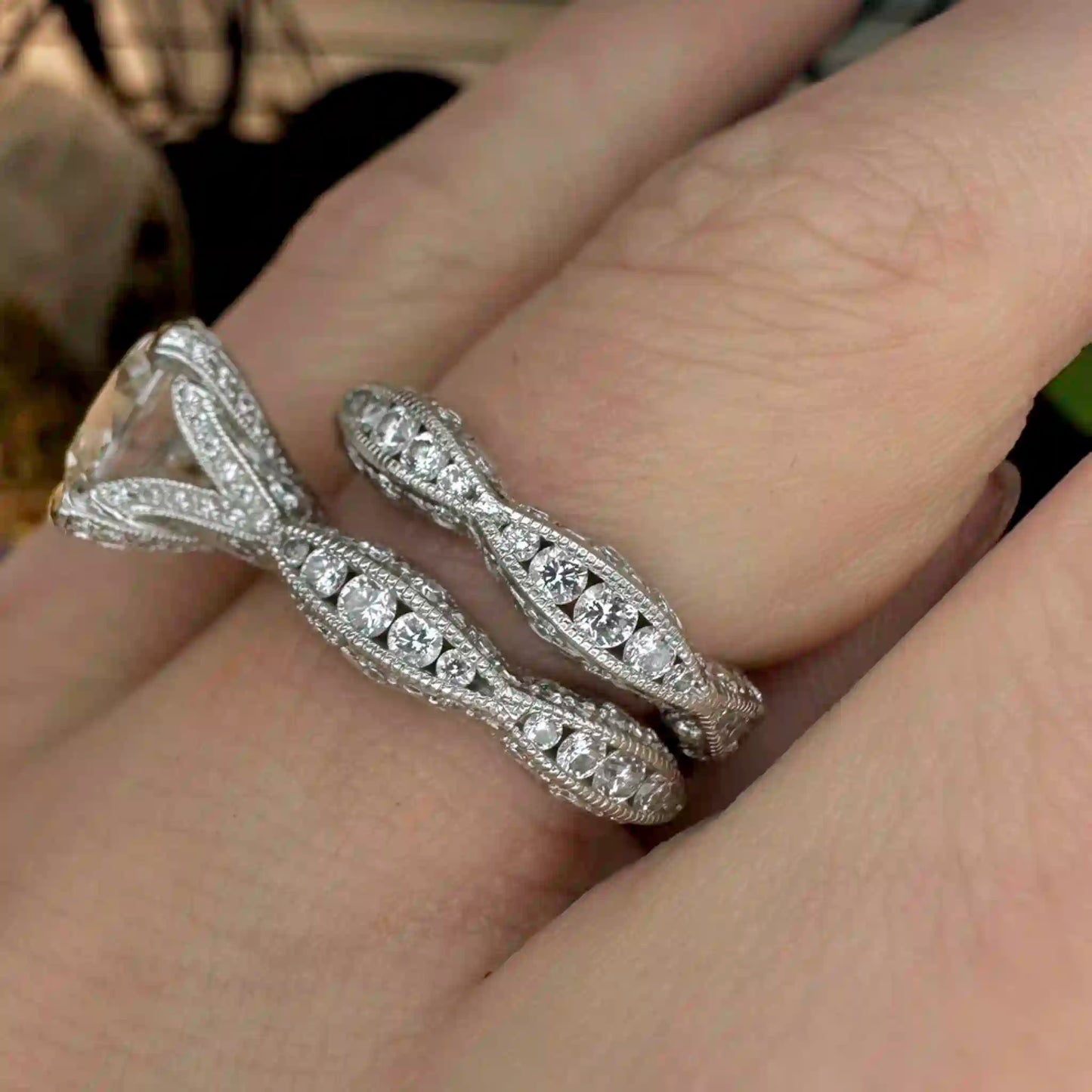 Certified 4.8 CTW RoyalT Platinum Tacori and Wedding Band Set with 3.0ct G VS1 Hearts and Arrows Diamond - Hand-Me-Diamonds