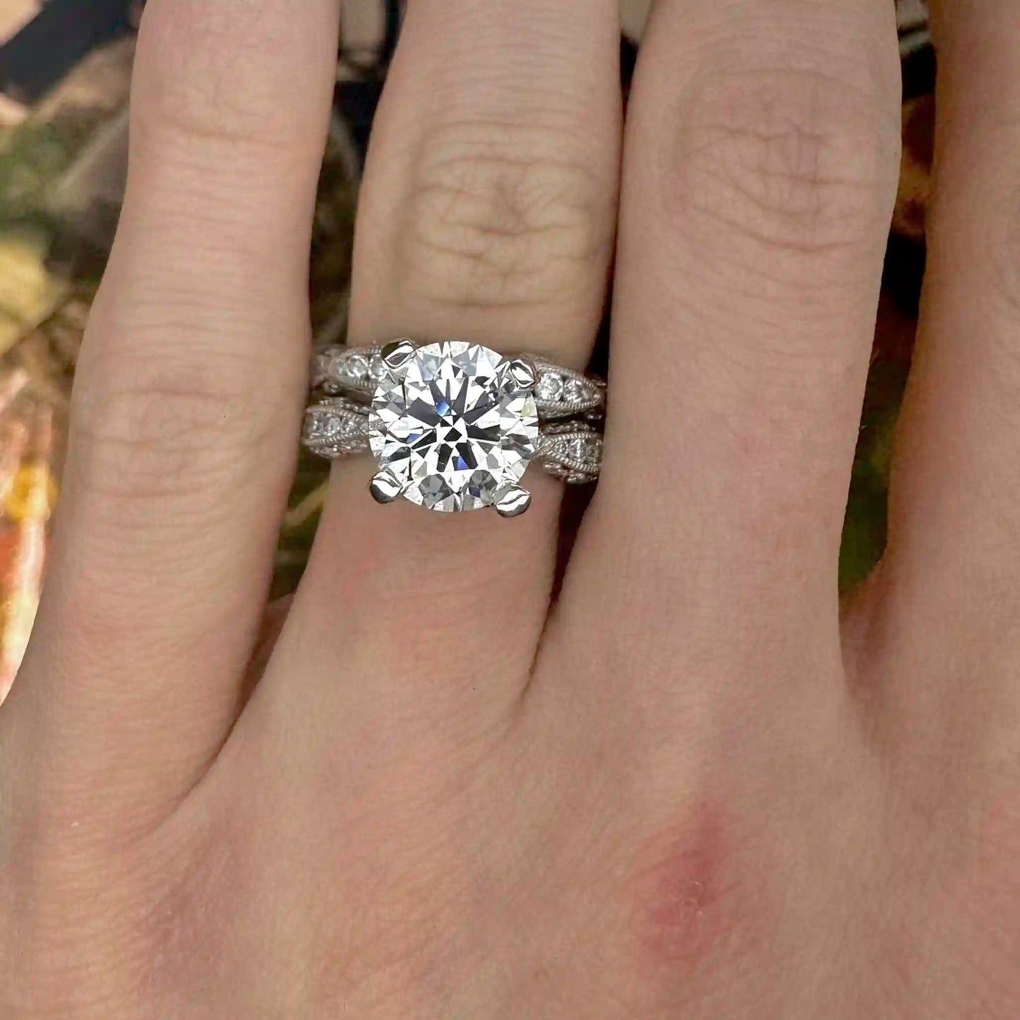 Certified 4.8 CTW RoyalT Platinum Tacori and Wedding Band Set with 3.0ct G VS1 Hearts and Arrows Diamond - Hand-Me-Diamonds