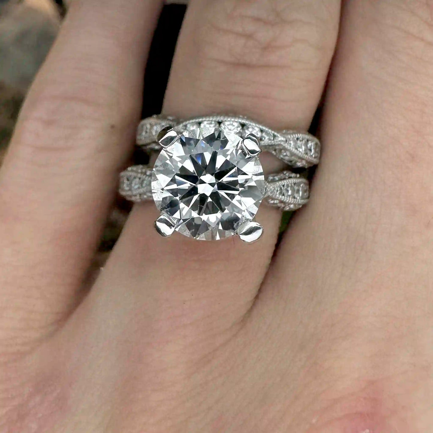 Certified 4.8 CTW RoyalT Platinum Tacori and Wedding Band Set with 3.0ct G VS1 Hearts and Arrows Diamond - Hand-Me-Diamonds