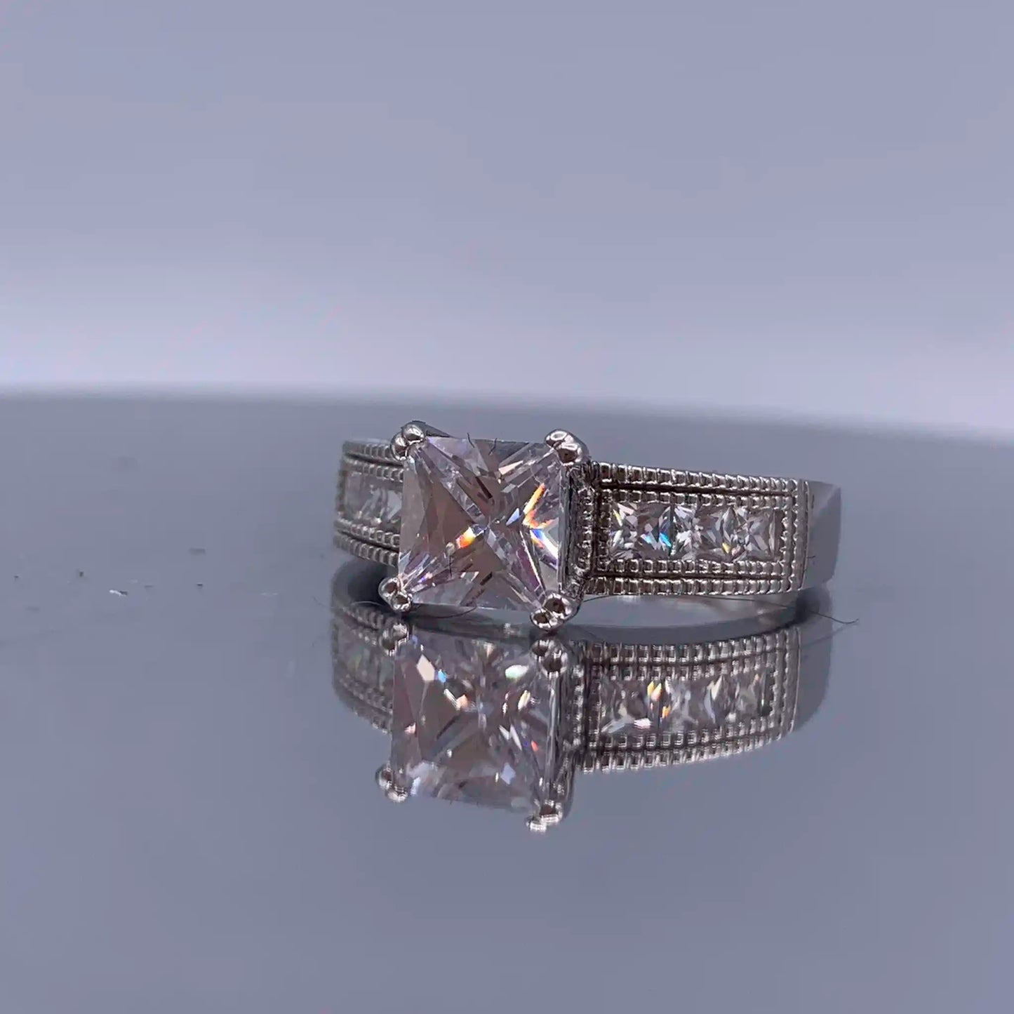 Vintage Sterling-Silver Princess Cut Cubic Zirconia Engagement Ring - Hand-Me-Diamonds