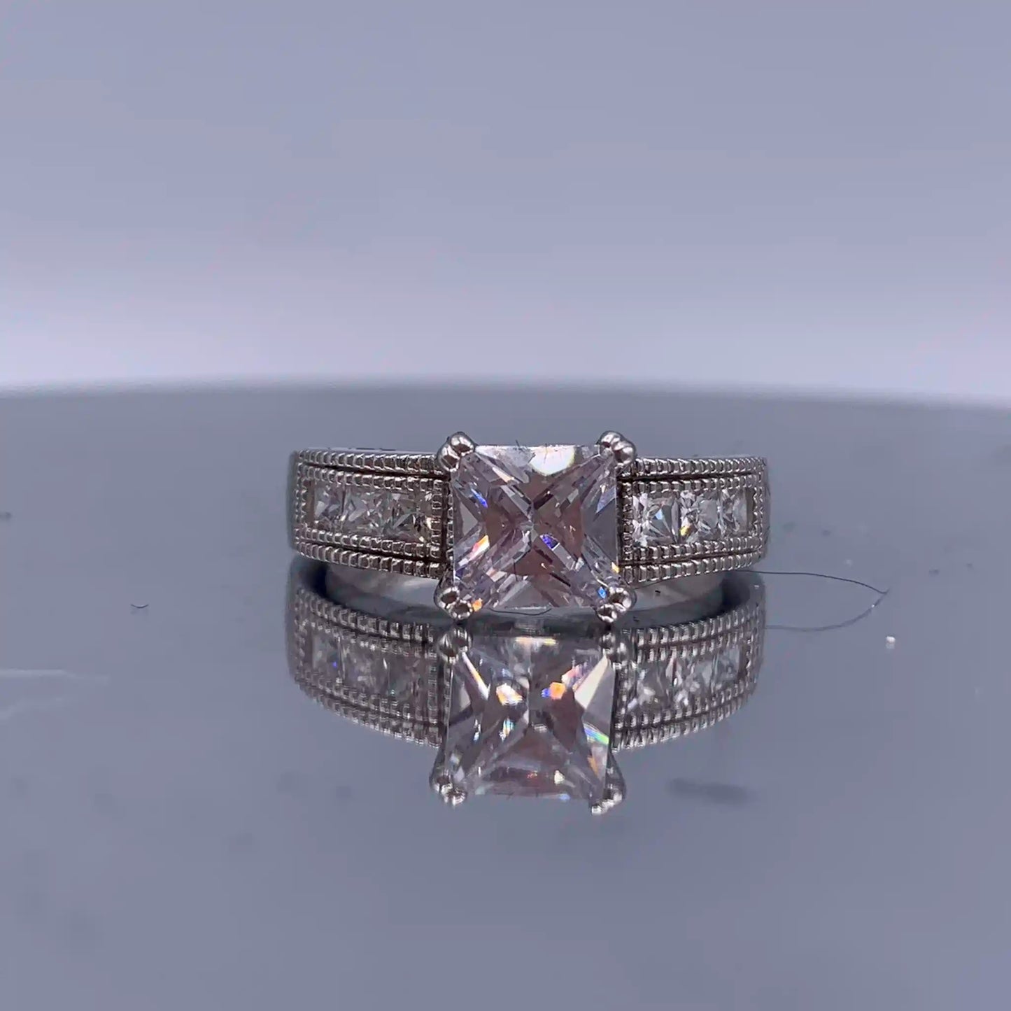 Vintage Sterling-Silver Princess Cut Cubic Zirconia Engagement Ring - Hand-Me-Diamonds
