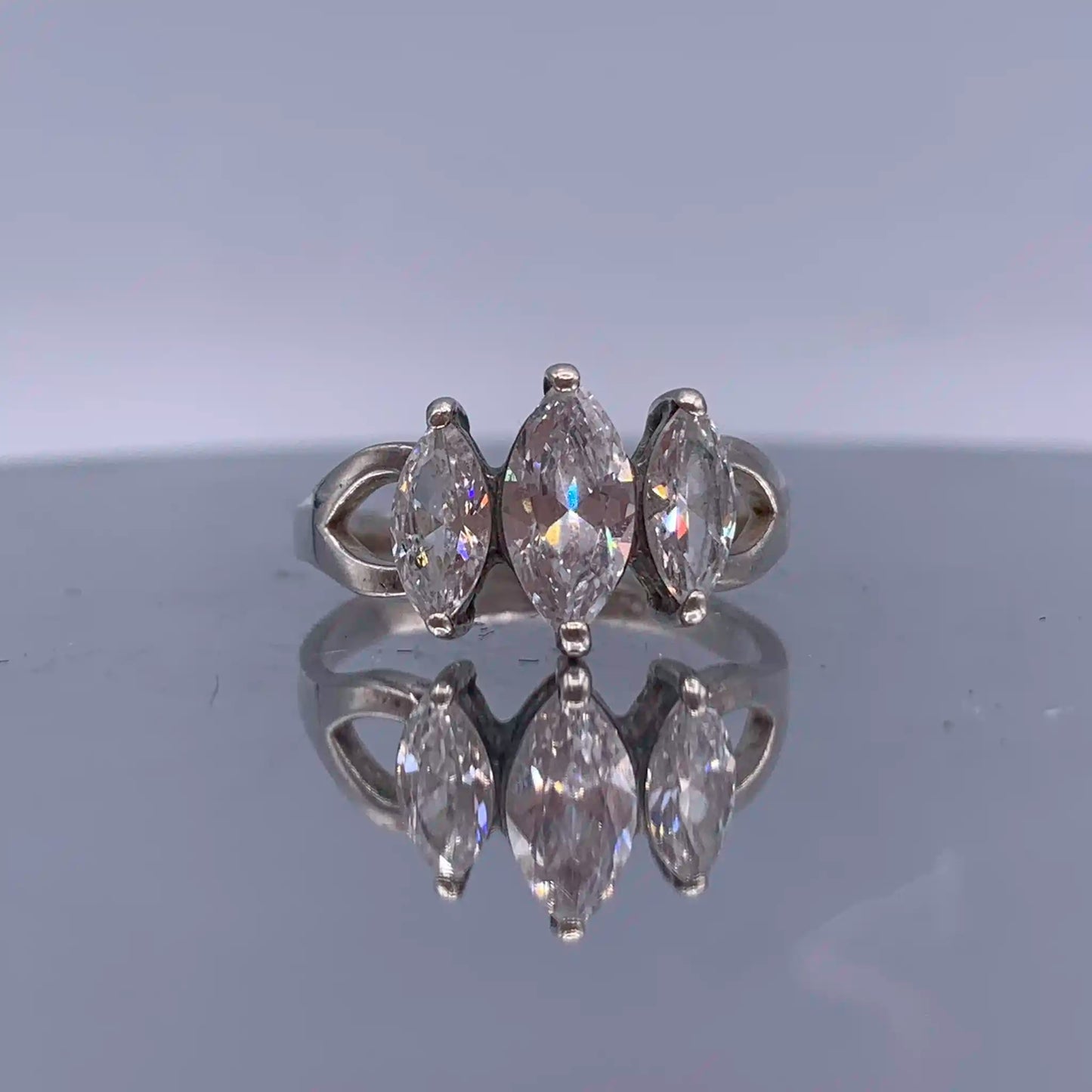 Vintage Sterling-Silver Three-Stone Ring - Marquise Cut Cubic Zirconia - Hand-Me-Diamonds