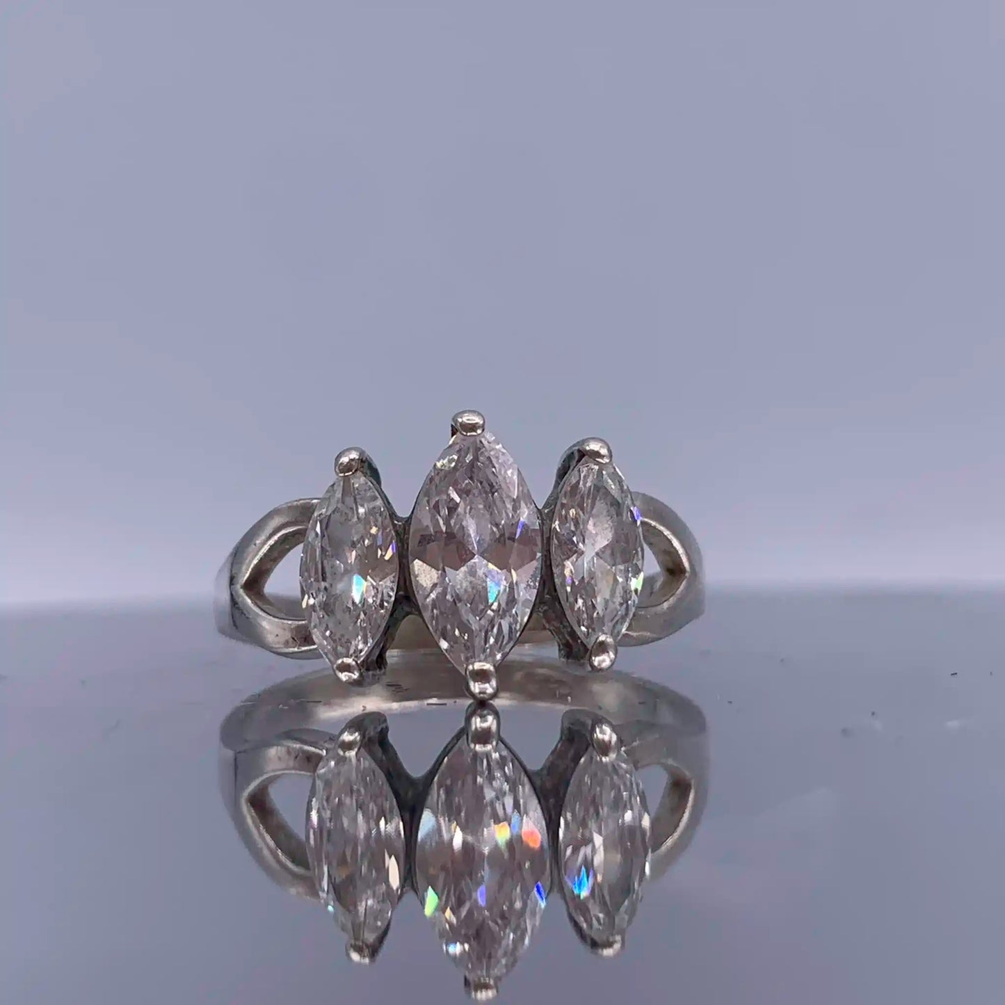 Vintage Sterling-Silver Three-Stone Ring - Marquise Cut Cubic Zirconia - Hand-Me-Diamonds