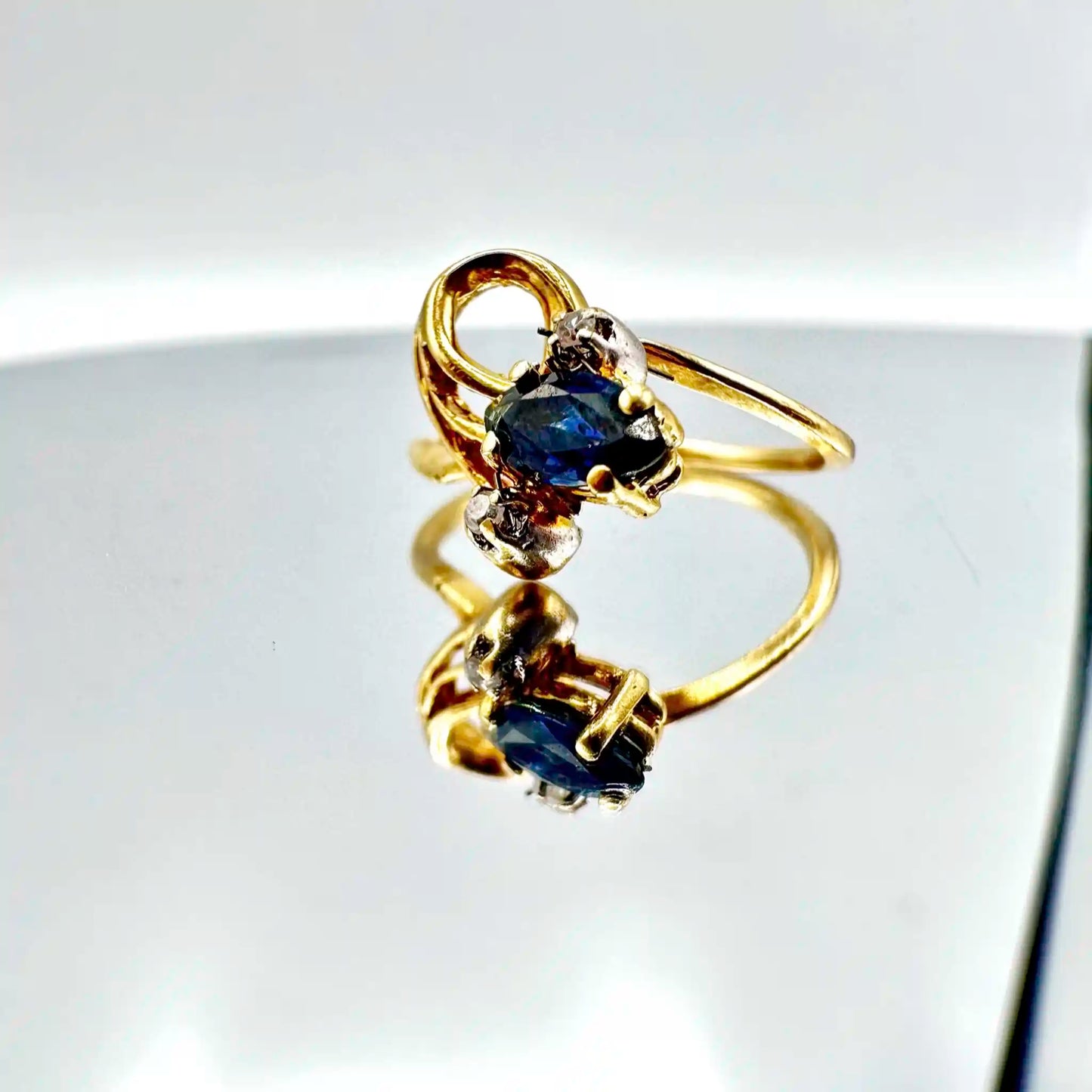 Vintage Corkscrew-Sapphire and Diamond Solid 10k Gold Ring - Hand-Me-Diamonds