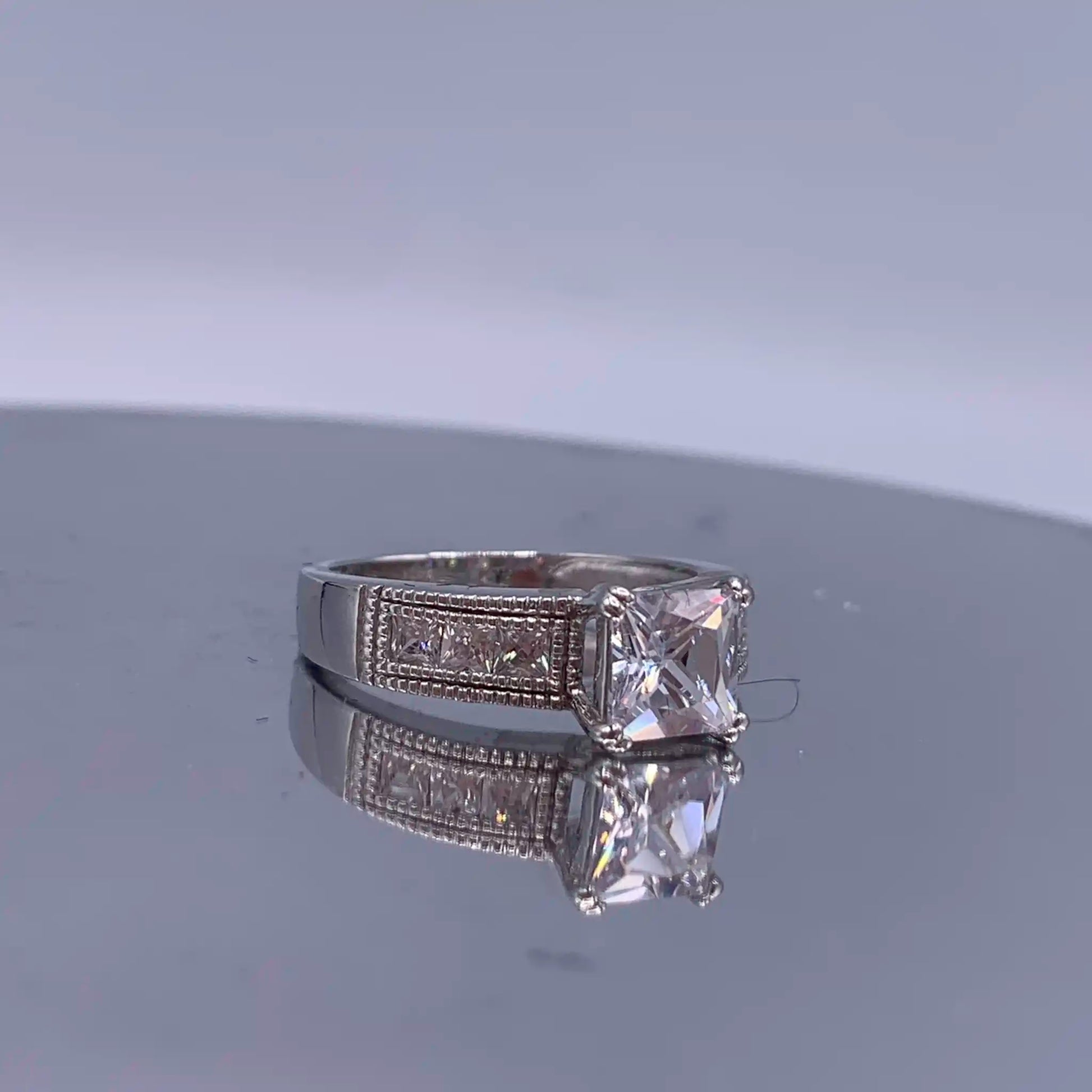 Vintage Sterling-Silver Princess Cut Cubic Zirconia Engagement Ring - Hand-Me-Diamonds