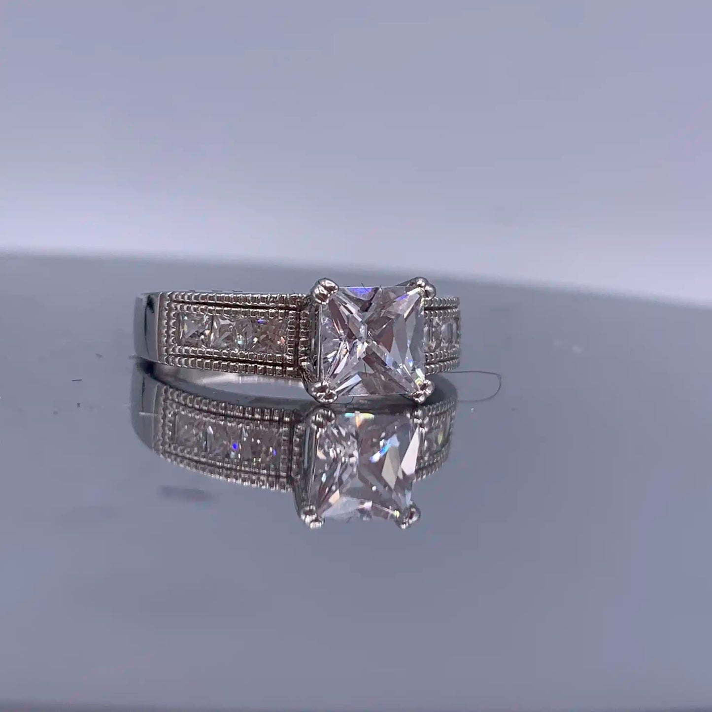 Vintage Sterling-Silver Princess Cut Cubic Zirconia Engagement Ring - Hand-Me-Diamonds