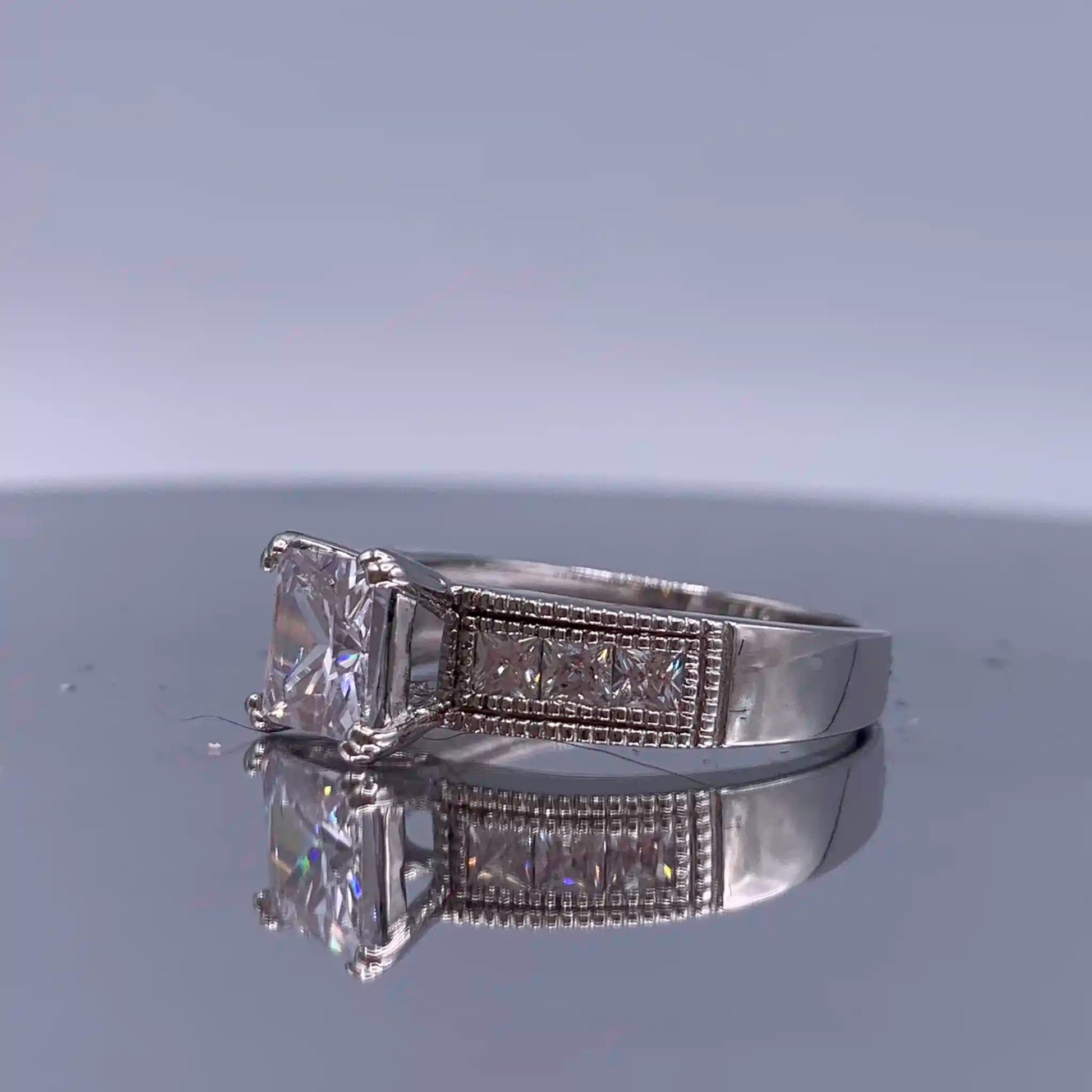 Vintage Sterling-Silver Princess Cut Cubic Zirconia Engagement Ring - Hand-Me-Diamonds