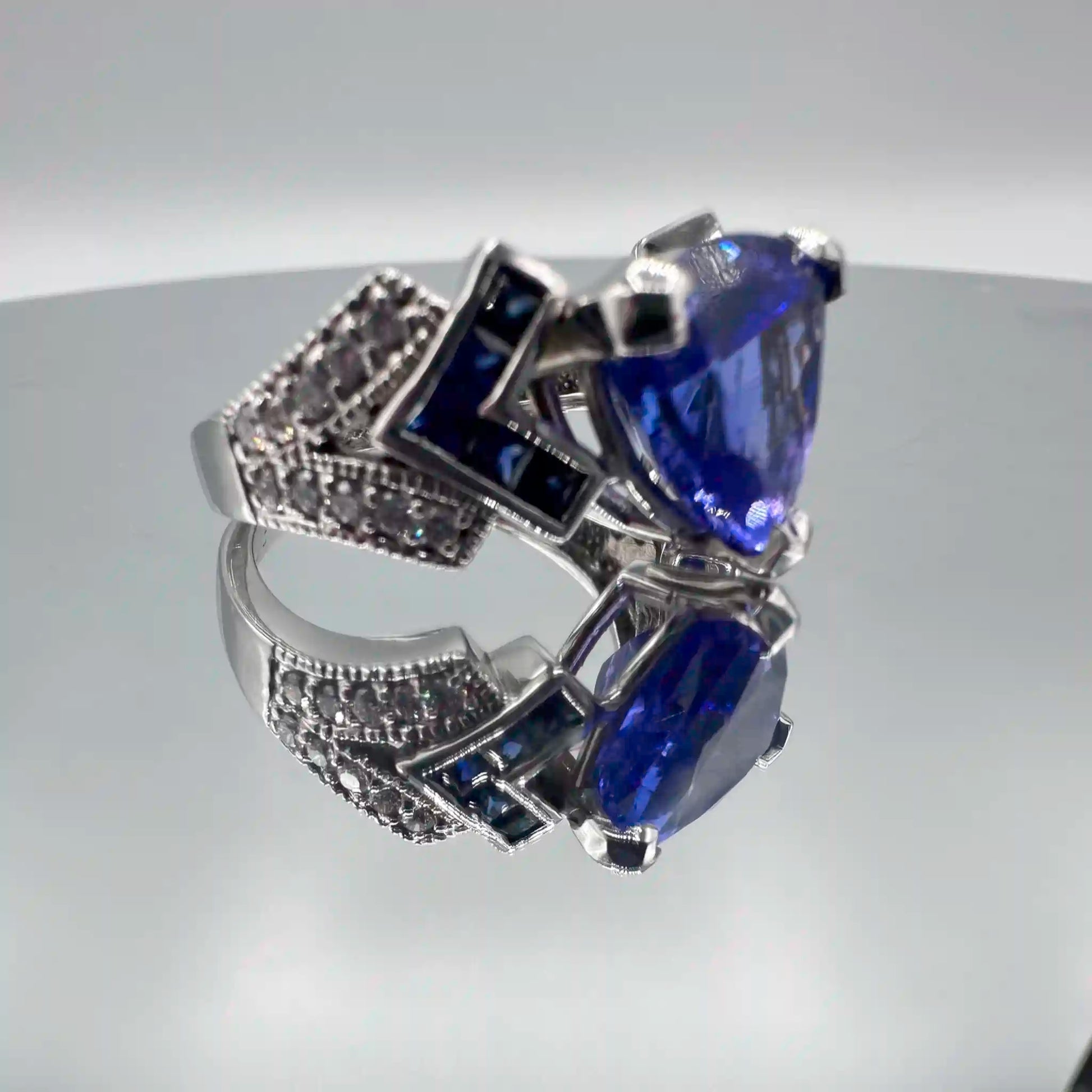 14K GIA Investment-Grade 6.11 CT AAAA Tanzanite, Sapphire and Diamond Ring - Hand-Me-Diamonds
