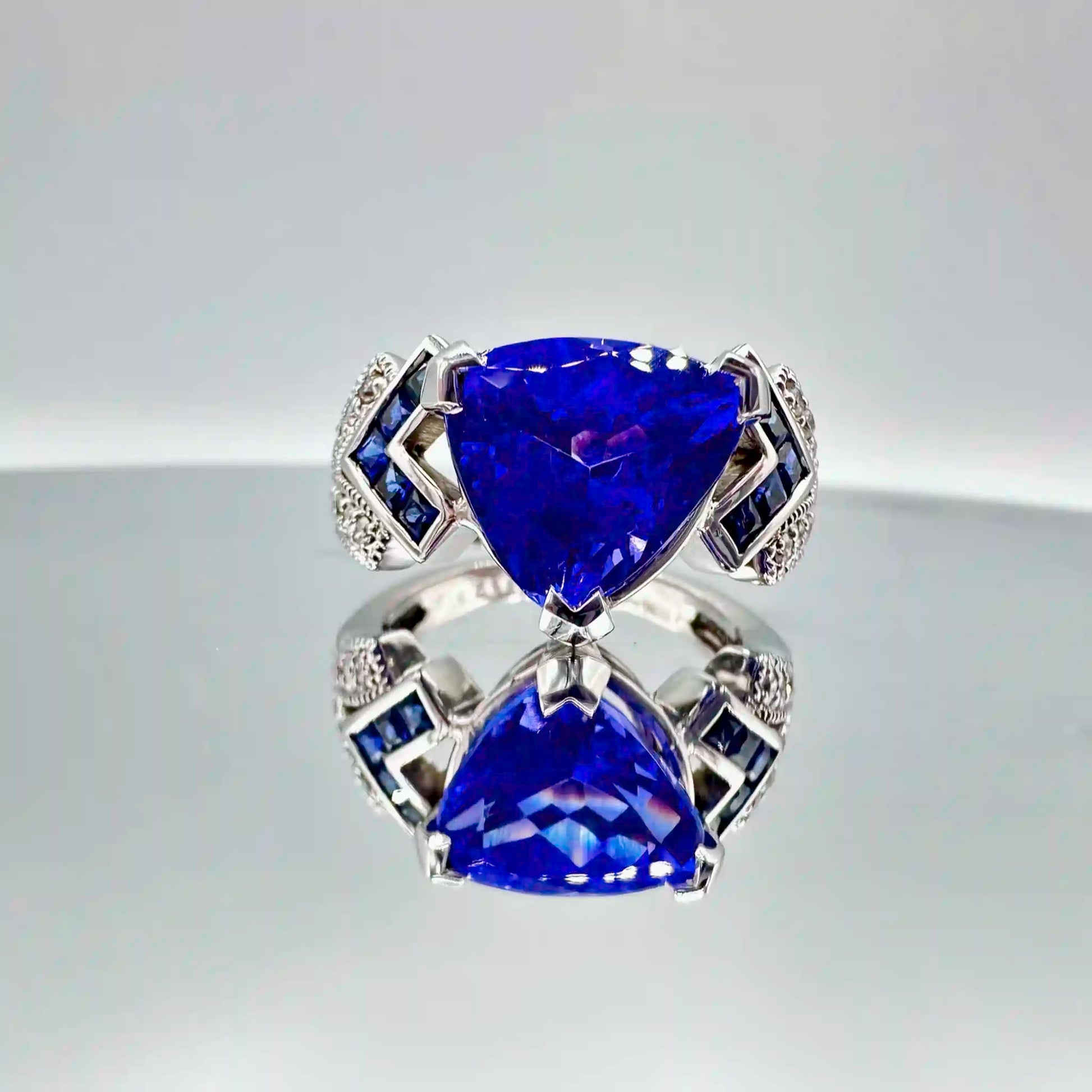 14K GIA Investment-Grade 6.11 CT AAAA Tanzanite, Sapphire and Diamond Ring - Hand-Me-Diamonds