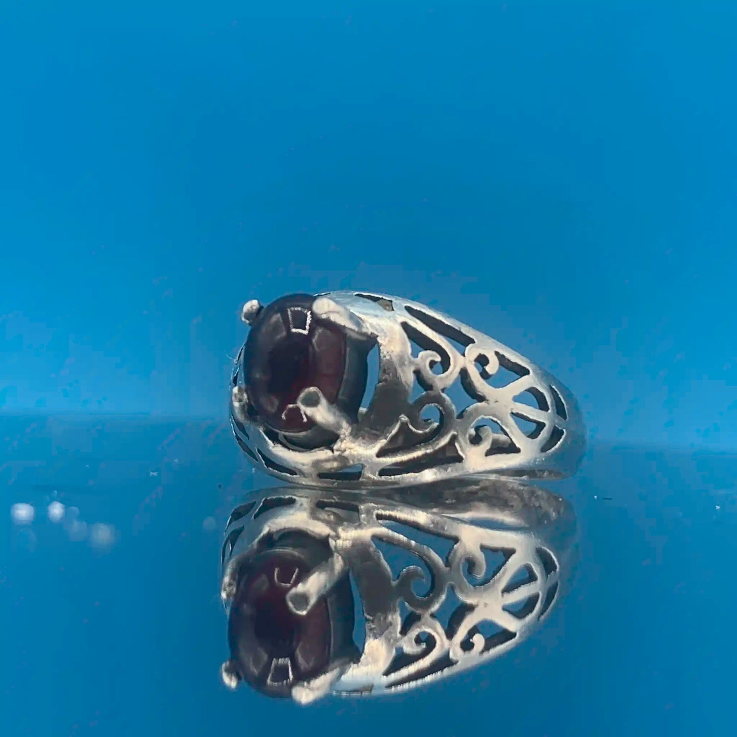 Authentic Vintage Sterling-Silver Garnet Cabochon Open-Work Ring - Hand-Me-Diamonds